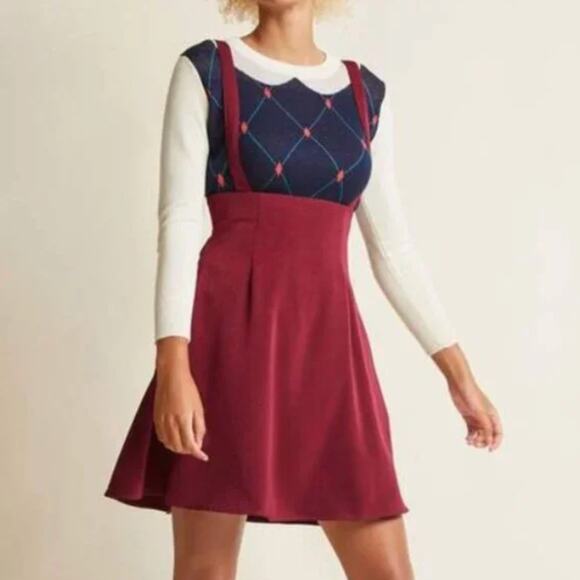 MODCLOTH Overall Winner Jumper Skirt Maroon Wine Red Sz L {N41} - Picture 1 of 5
